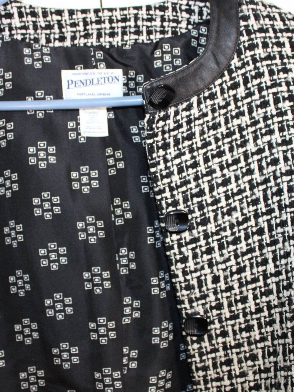 Pendleton 100% Silk Black and White Textured Tweed Jacket w/Leather Trim Blazer - Picture 6 of 16